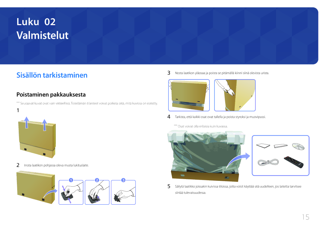 Samsung LH65MDCPLGC/EN manual Sisällön tarkistaminen, Poistaminen pakkauksesta, Siirtää tulevaisuudessa 