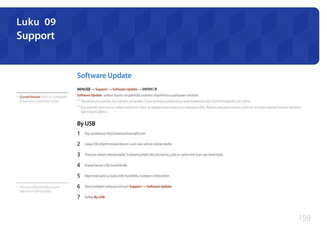 Samsung LH65MDCPLGC/EN manual 159, By USB, MENUm → Support → Software Update → Entere 