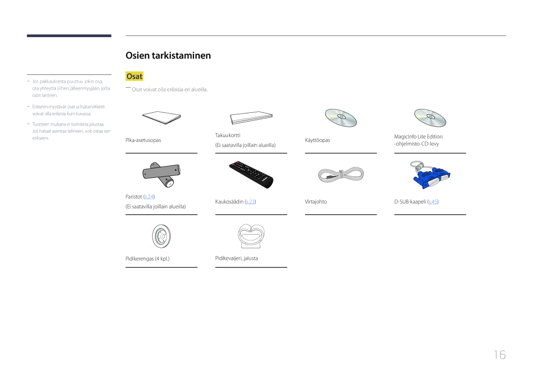 Samsung LH65MDCPLGC/EN manual Osien tarkistaminen, Osat 