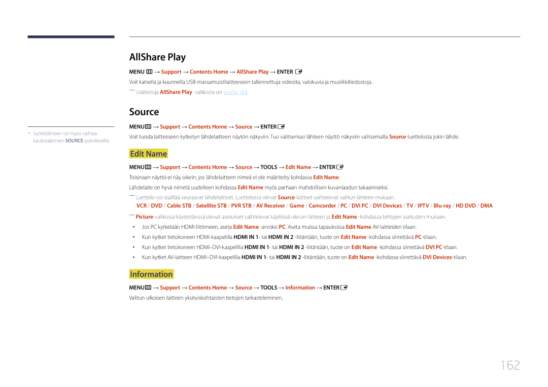 Samsung LH65MDCPLGC/EN manual 162, AllShare Play, Edit Name, Information 