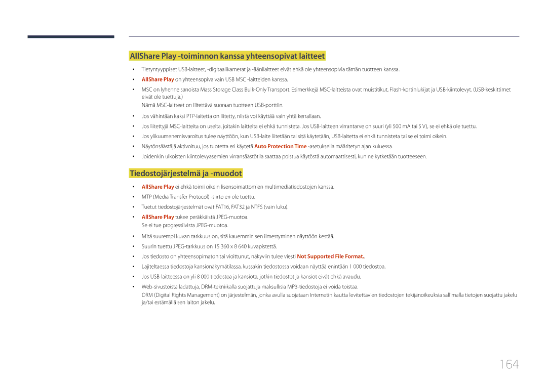 Samsung LH65MDCPLGC/EN manual 164, AllShare Play -toiminnon kanssa yhteensopivat laitteet, Tiedostojärjestelmä ja -muodot 