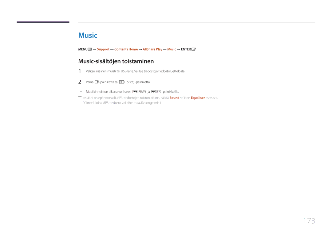 Samsung LH65MDCPLGC/EN manual 173, Music-sisältöjen toistaminen 