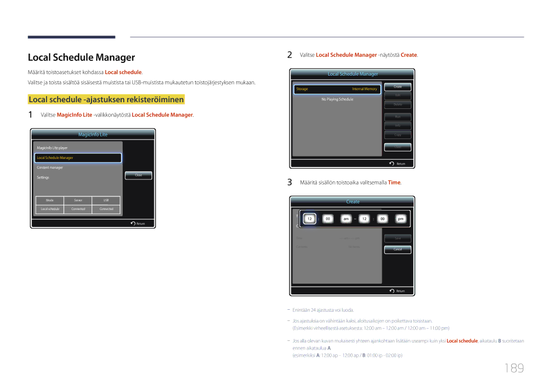 Samsung LH65MDCPLGC/EN manual 189, Local Schedule Manager, Local schedule -ajastuksen rekisteröiminen 