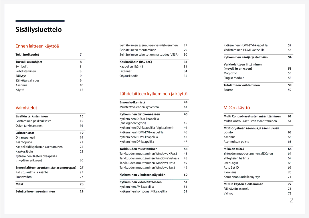 Samsung LH65MDCPLGC/EN manual Sisällysluettelo 