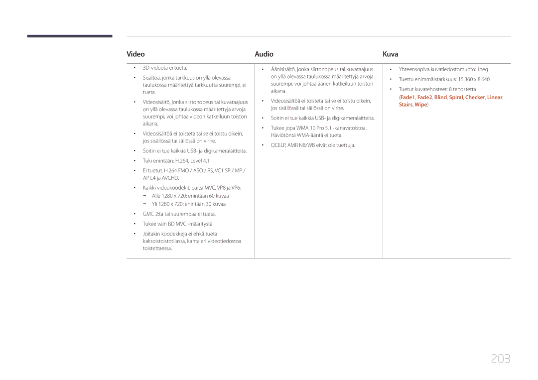 Samsung LH65MDCPLGC/EN manual 203, Fade1, Fade2, Blind, Spiral, Checker, Linear, Stairs, Wipe 