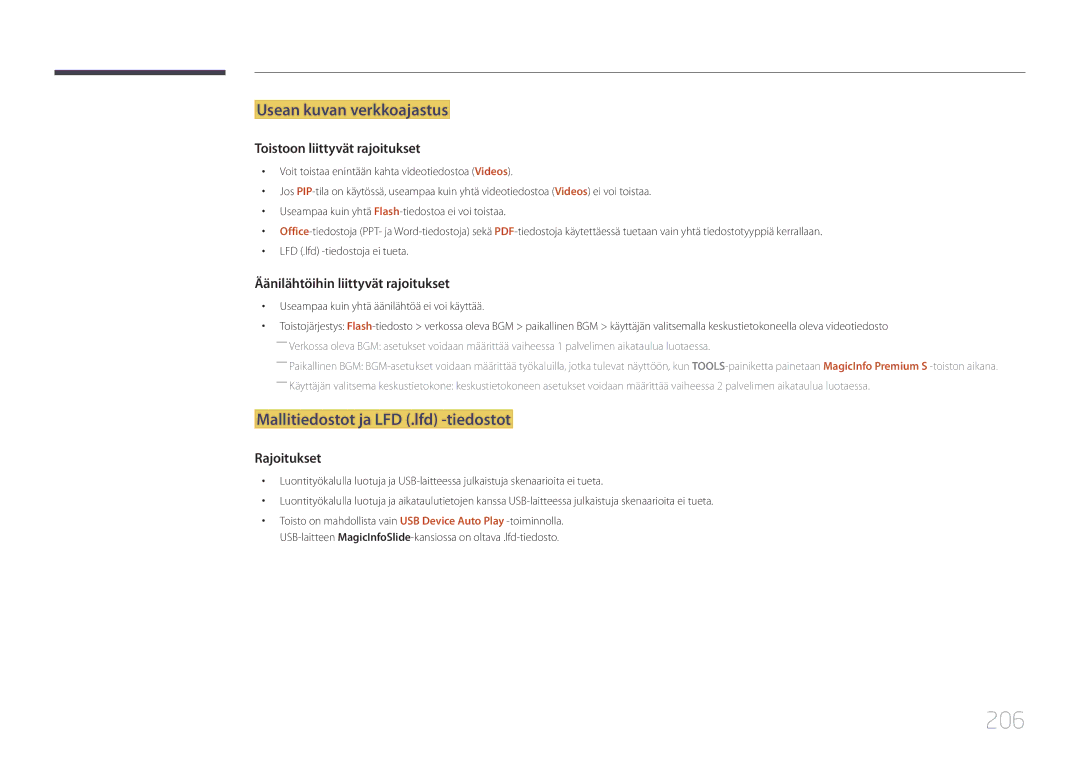 Samsung LH65MDCPLGC/EN manual 206, Usean kuvan verkkoajastus, Mallitiedostot ja LFD .lfd -tiedostot 