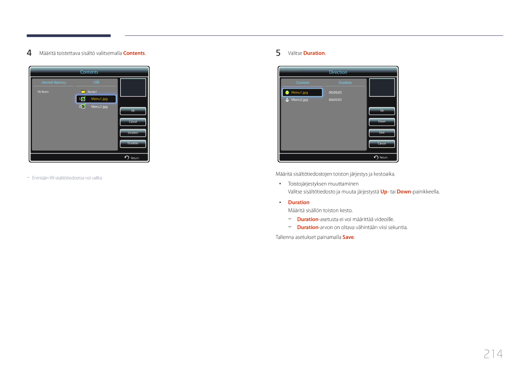 Samsung LH65MDCPLGC/EN manual 214, Valitse Duration 