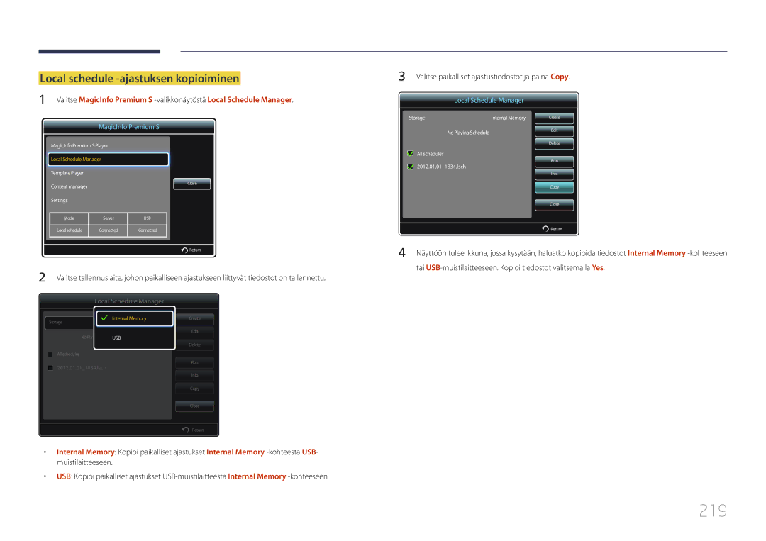 Samsung LH65MDCPLGC/EN manual 219, Local schedule -ajastuksen kopioiminen 
