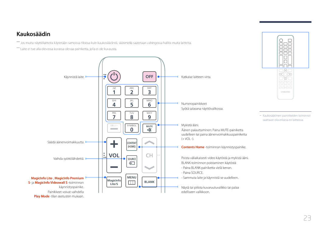 Samsung LH65MDCPLGC/EN manual Kaukosäädin, Käynnistä laite Säädä äänenvoimakkuutta 