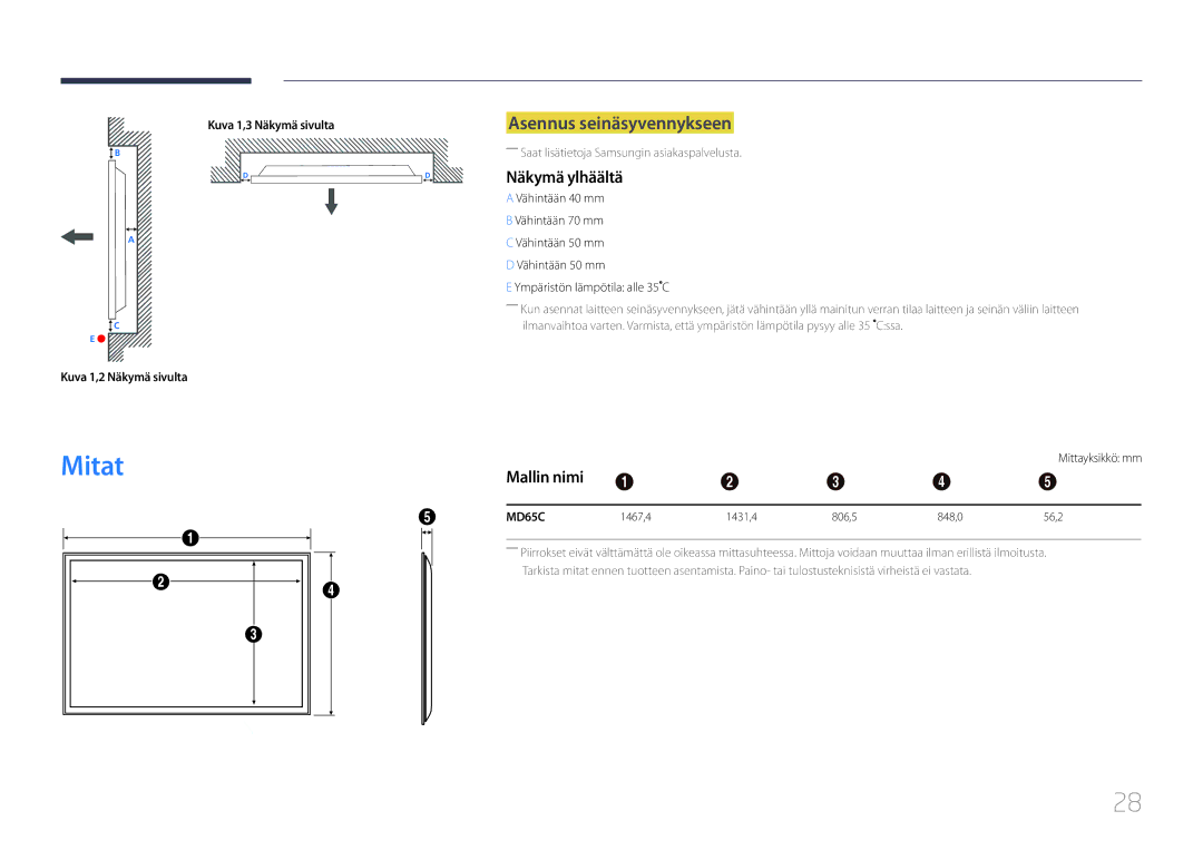 Samsung LH65MDCPLGC/EN manual Mitat, Asennus seinäsyvennykseen, Näkymä ylhäältä, Mallin nimi 