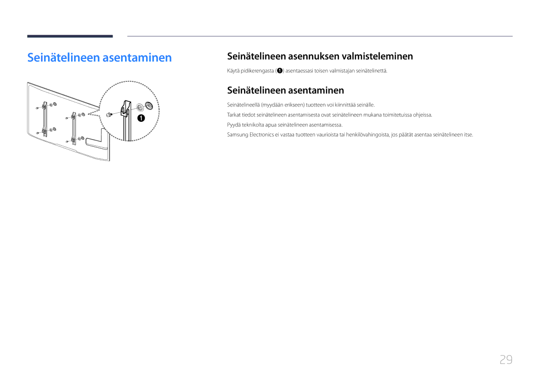 Samsung LH65MDCPLGC/EN manual Seinätelineen asentaminen, Seinätelineen asennuksen valmisteleminen 