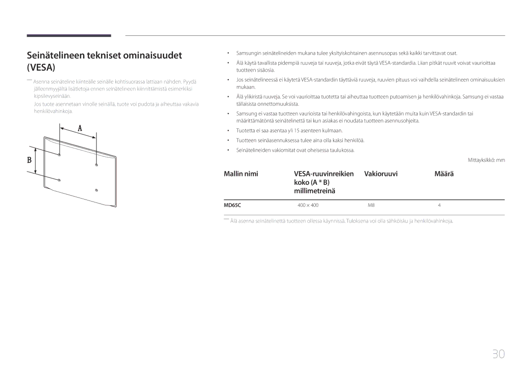 Samsung LH65MDCPLGC/EN manual Seinätelineen tekniset ominaisuudet Vesa, Vakioruuvi Määrä Koko a * B Millimetreinä 