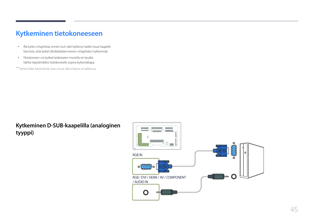 Samsung LH65MDCPLGC/EN manual Kytkeminen tietokoneeseen, Kytkeminen D-SUB-kaapelilla analoginen tyyppi 