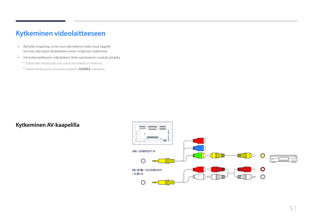 Samsung LH65MDCPLGC/EN manual Kytkeminen videolaitteeseen, Kytkeminen AV-kaapelilla 