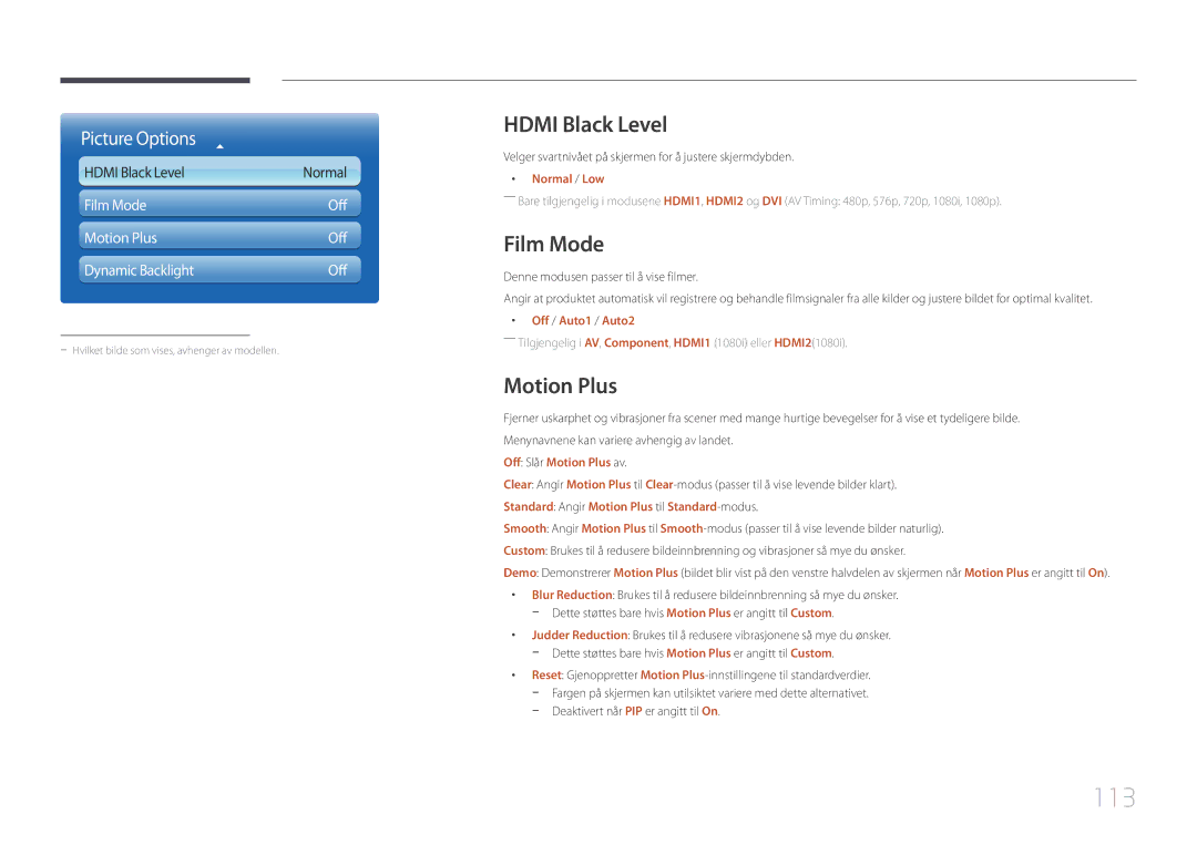 Samsung LH65MDCPLGC/EN manual 113, Hdmi Black Level, Film Mode, Motion Plus 