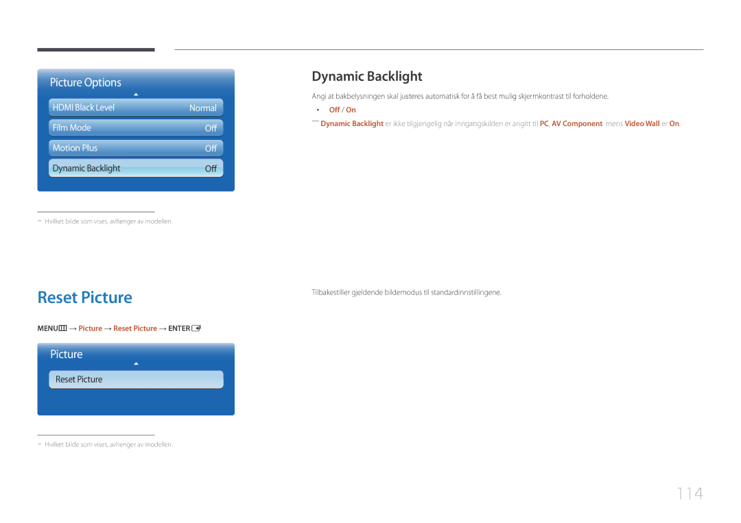 Samsung LH65MDCPLGC/EN manual 114, Dynamic Backlight, MENUm → Picture → Reset Picture → Entere 