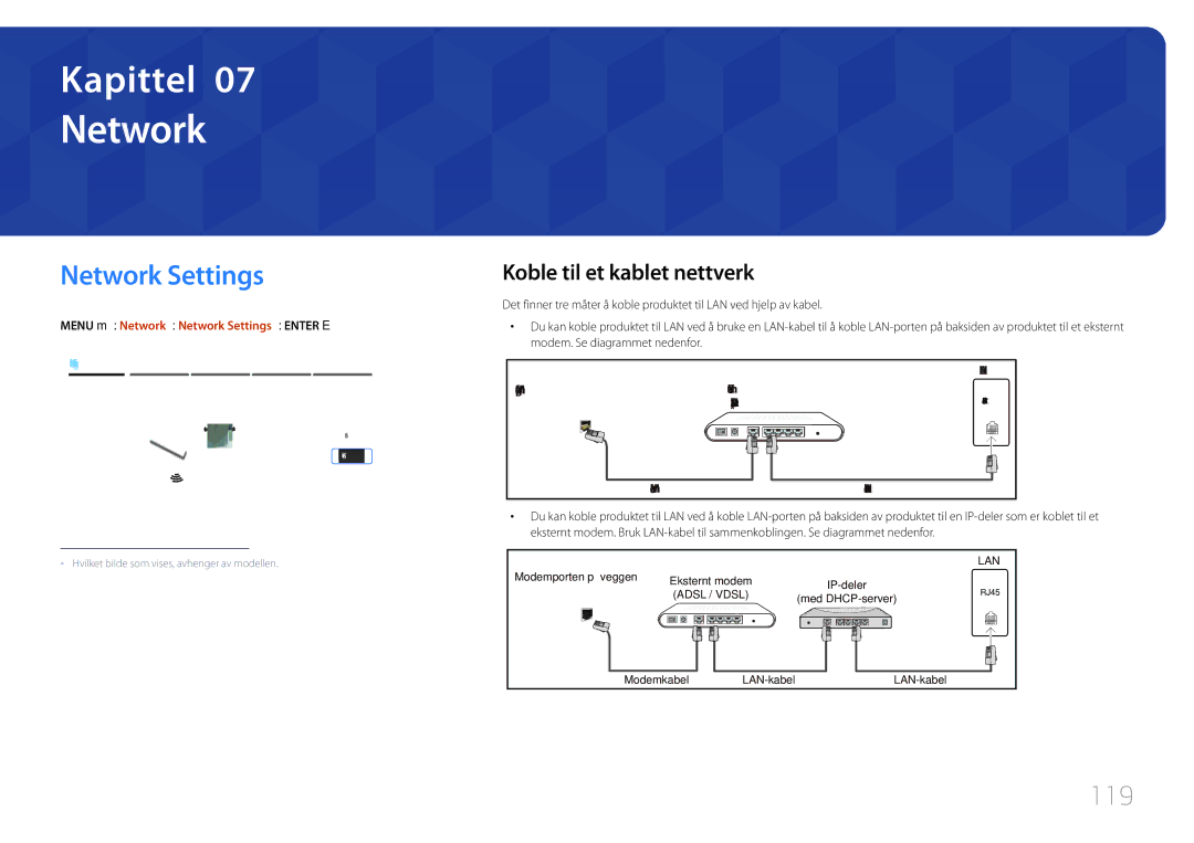 Samsung LH65MDCPLGC/EN manual Network Settings, 119, Koble til et kablet nettverk 