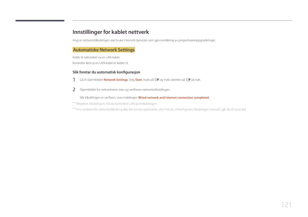 Samsung LH65MDCPLGC/EN manual 121, Innstillinger for kablet nettverk, Automatiske Network Settings 