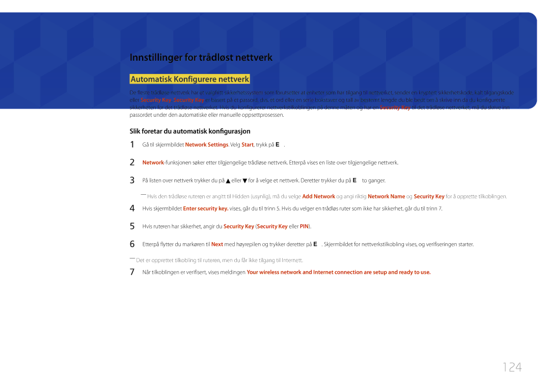 Samsung LH65MDCPLGC/EN manual 124, Innstillinger for trådløst nettverk, Automatisk Konfigurere nettverk 