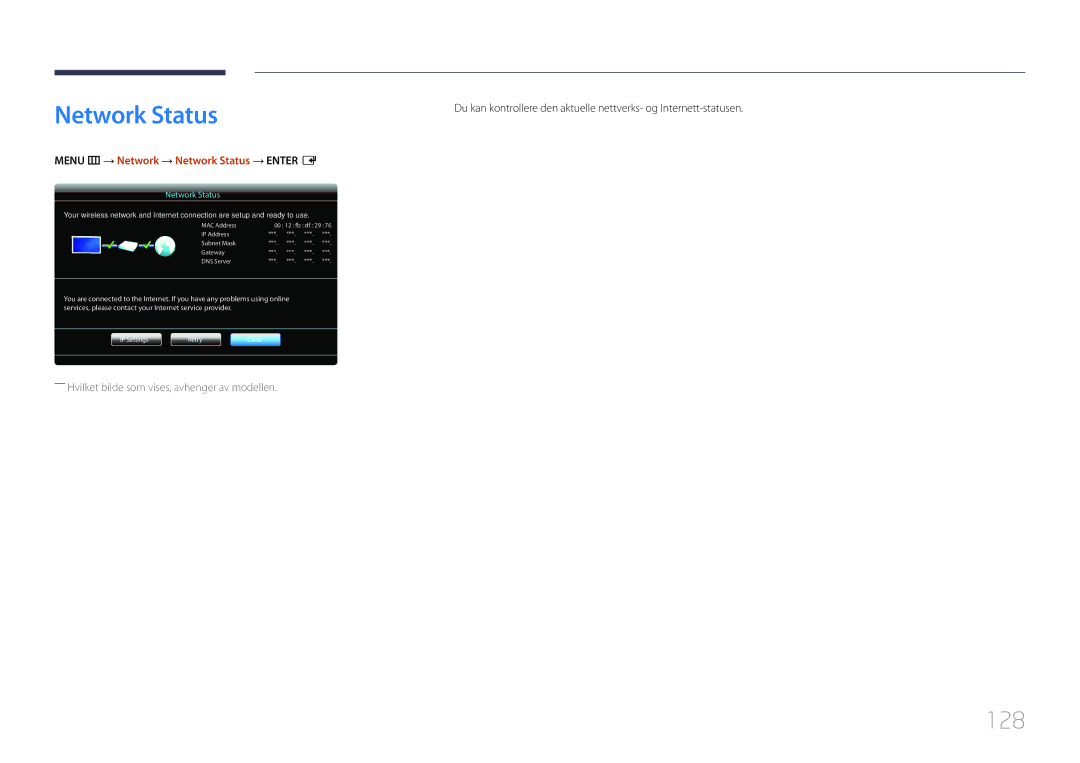 Samsung LH65MDCPLGC/EN manual 128, Menu m → Network → Network Status → Enter E 