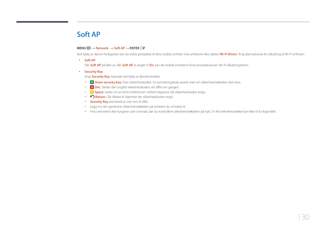 Samsung LH65MDCPLGC/EN manual 130, Menu m → Network → Soft AP → Enter E, Security Key 
