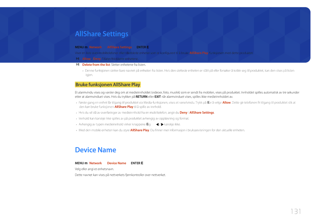 Samsung LH65MDCPLGC/EN manual AllShare Settings, Device Name, 131, Bruke funksjonen AllShare Play 