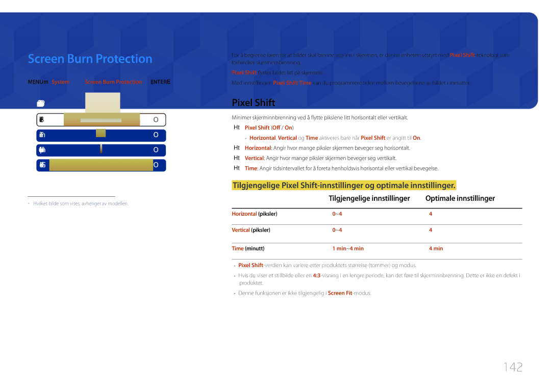 Samsung LH65MDCPLGC/EN manual Screen Burn Protection, 142, Pixel Shift, Optimale innstillinger 