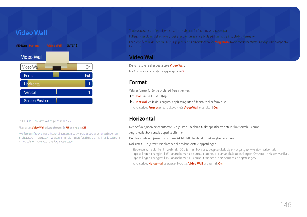 Samsung LH65MDCPLGC/EN manual Video Wall, 146, Format, Horizontal 