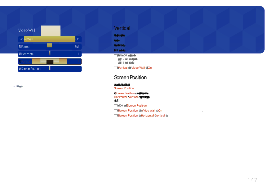 Samsung LH65MDCPLGC/EN manual 147, Vertical, Screen Position 