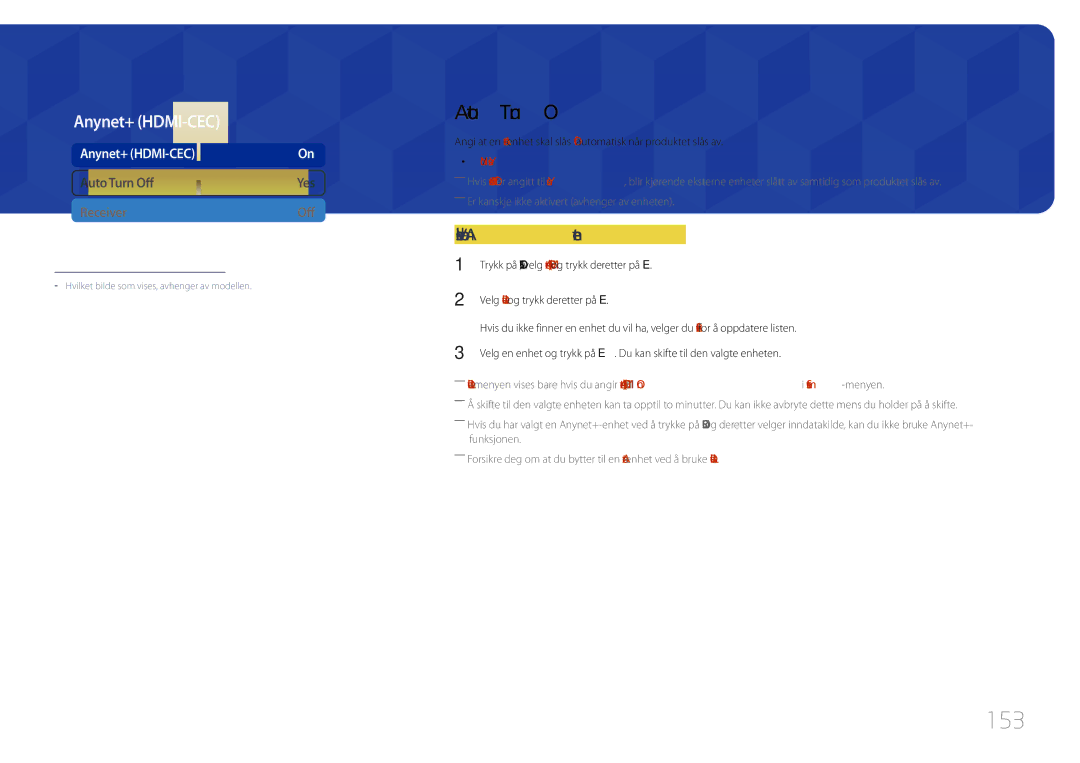 Samsung LH65MDCPLGC/EN manual 153, Auto Turn Off, Veksle mellom Anynet+-enheter, No / Yes 