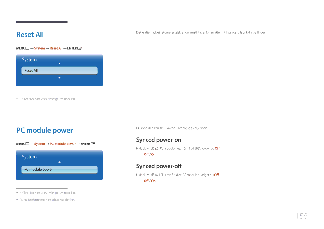 Samsung LH65MDCPLGC/EN manual Reset All, PC module power, 158, Synced power-on, Synced power-off 