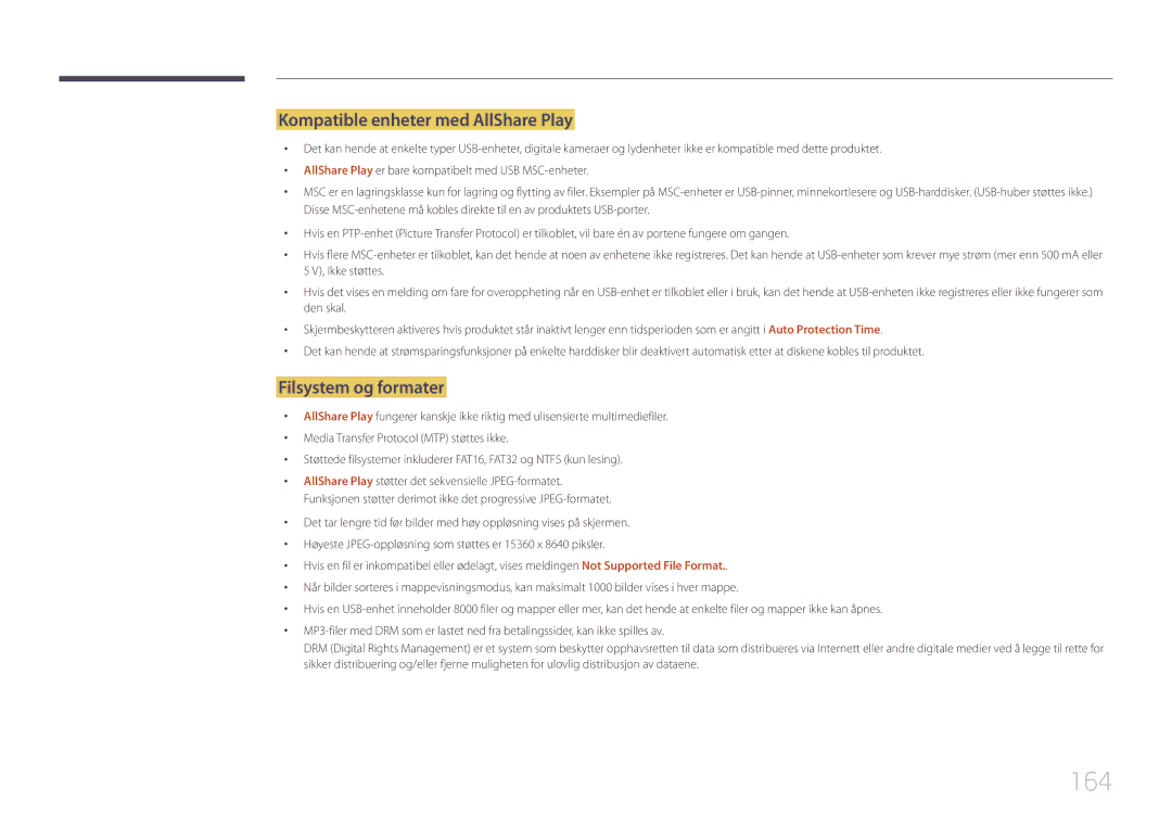Samsung LH65MDCPLGC/EN manual 164, Kompatible enheter med AllShare Play, Filsystem og formater 