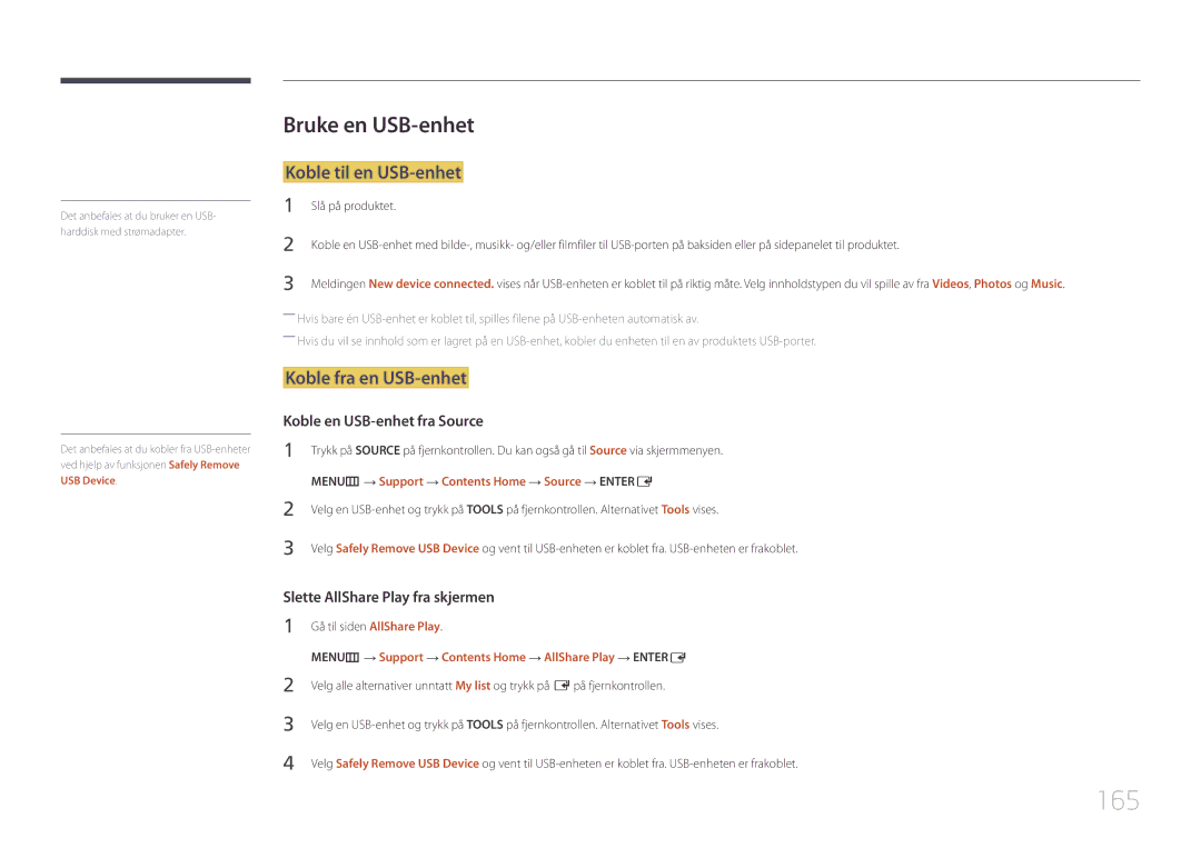 Samsung LH65MDCPLGC/EN manual 165, Bruke en USB-enhet, Koble til en USB-enhet, Koble fra en USB-enhet 