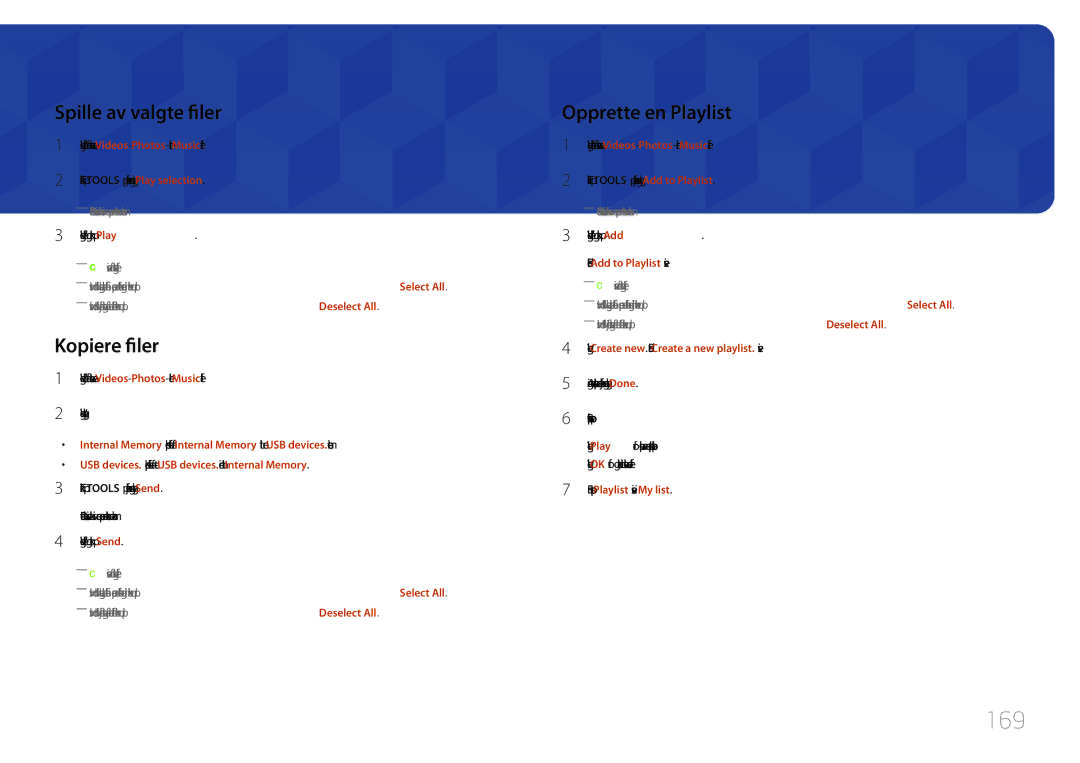 Samsung LH65MDCPLGC/EN manual 169, Spille av valgte filer, Kopiere filer, Opprette en Playlist 