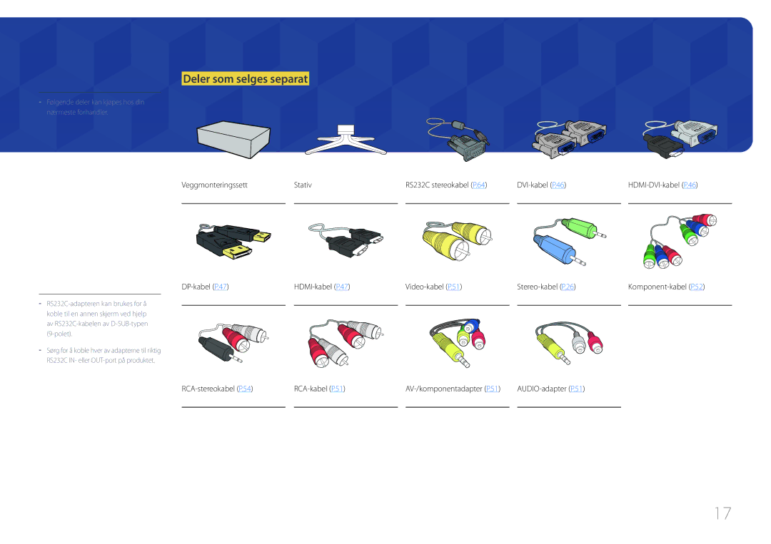 Samsung LH65MDCPLGC/EN manual Deler som selges separat, RCA-stereokabel P.54 RCA-kabel P.51, AUDIO-adapter P.51 