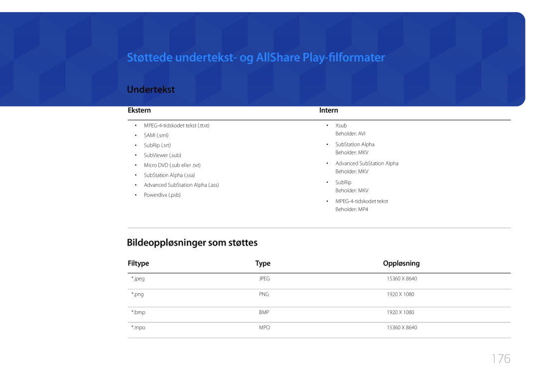 Samsung LH65MDCPLGC/EN Støttede undertekst- og AllShare Play-filformater, 176, Undertekst, Bildeoppløsninger som støttes 