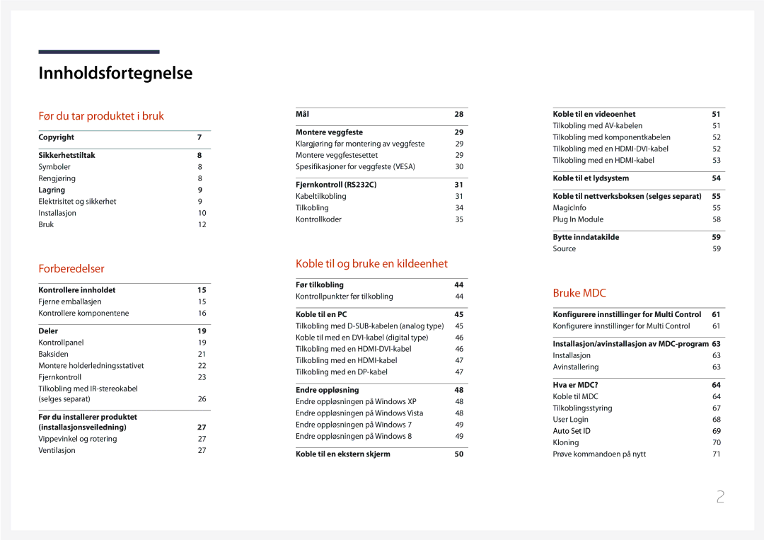 Samsung LH65MDCPLGC/EN manual Innholdsfortegnelse 