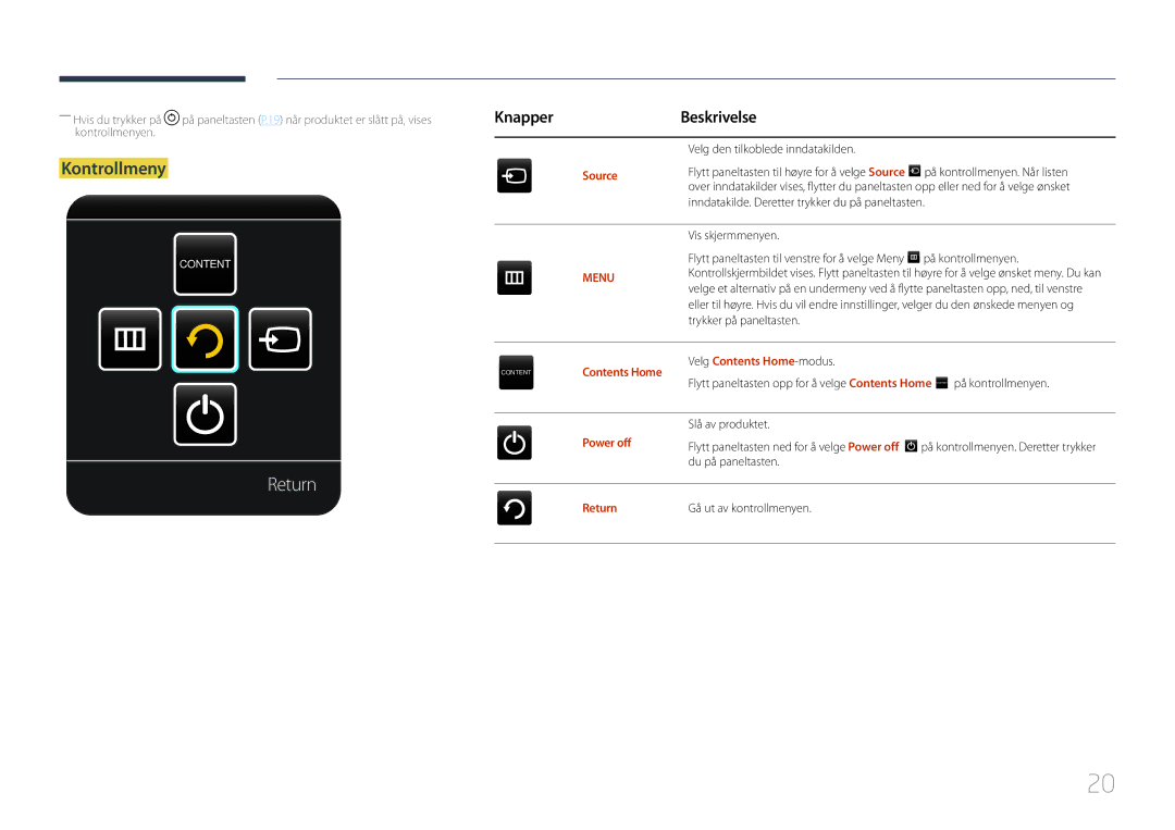 Samsung LH65MDCPLGC/EN manual Source, Contents Home Velg Contents Home-modus, Power off, Return 