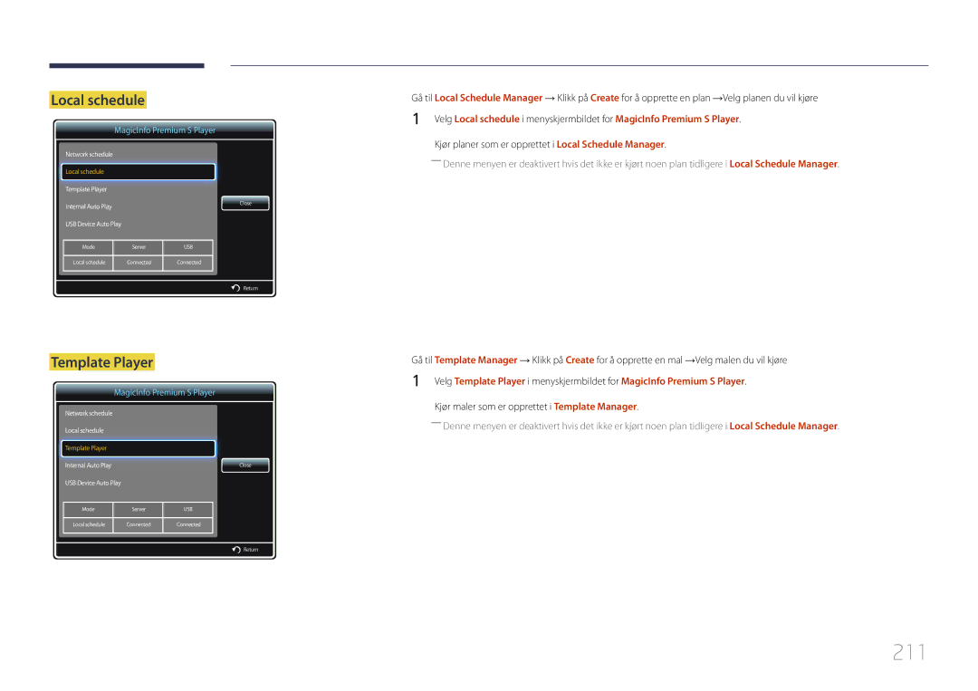 Samsung LH65MDCPLGC/EN manual 211, Template Player, Kjør maler som er opprettet i Template Manager 