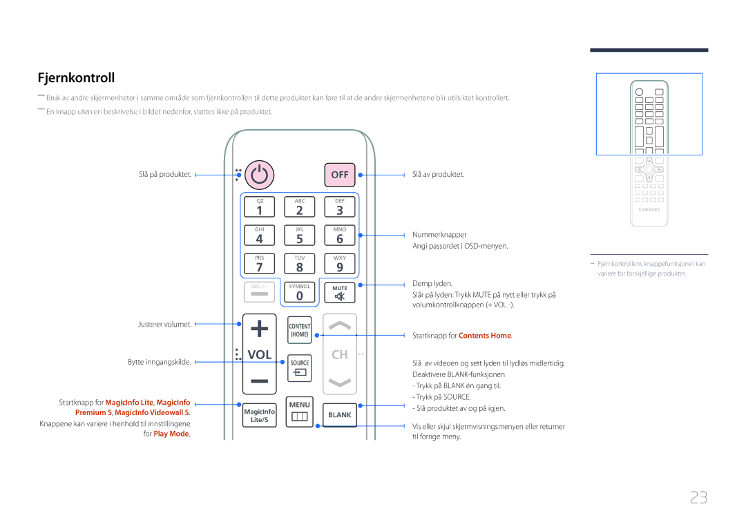 Samsung LH65MDCPLGC/EN manual Fjernkontroll, Slå på produktet, Slå av produktet Justerer volumet Bytte inngangskilde 