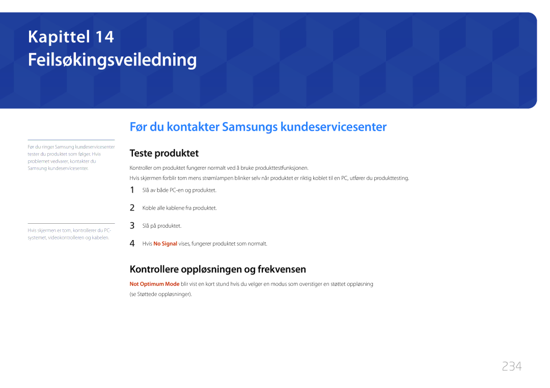 Samsung LH65MDCPLGC/EN manual Feilsøkingsveiledning, Før du kontakter Samsungs kundeservicesenter, 234, Teste produktet 