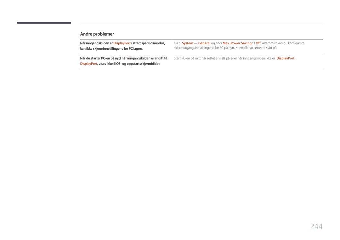 Samsung LH65MDCPLGC/EN manual 244, DisplayPort, vises ikke BIOS- og oppstartsskjermbildet 