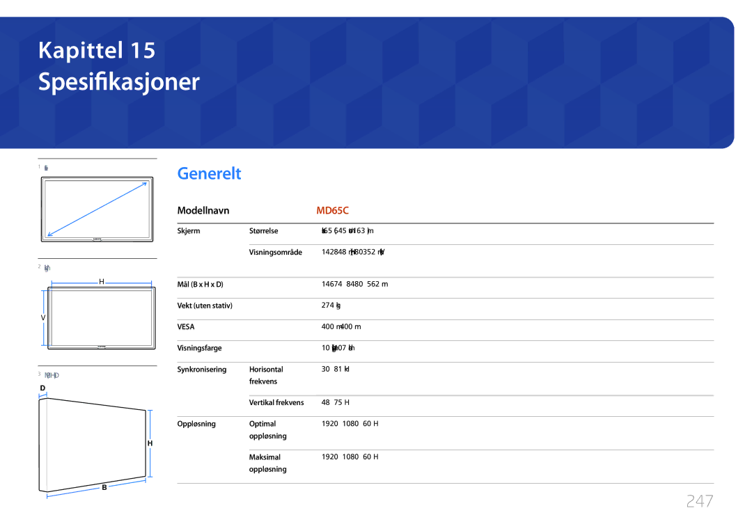 Samsung LH65MDCPLGC/EN manual Spesifikasjoner, Generelt, 247 