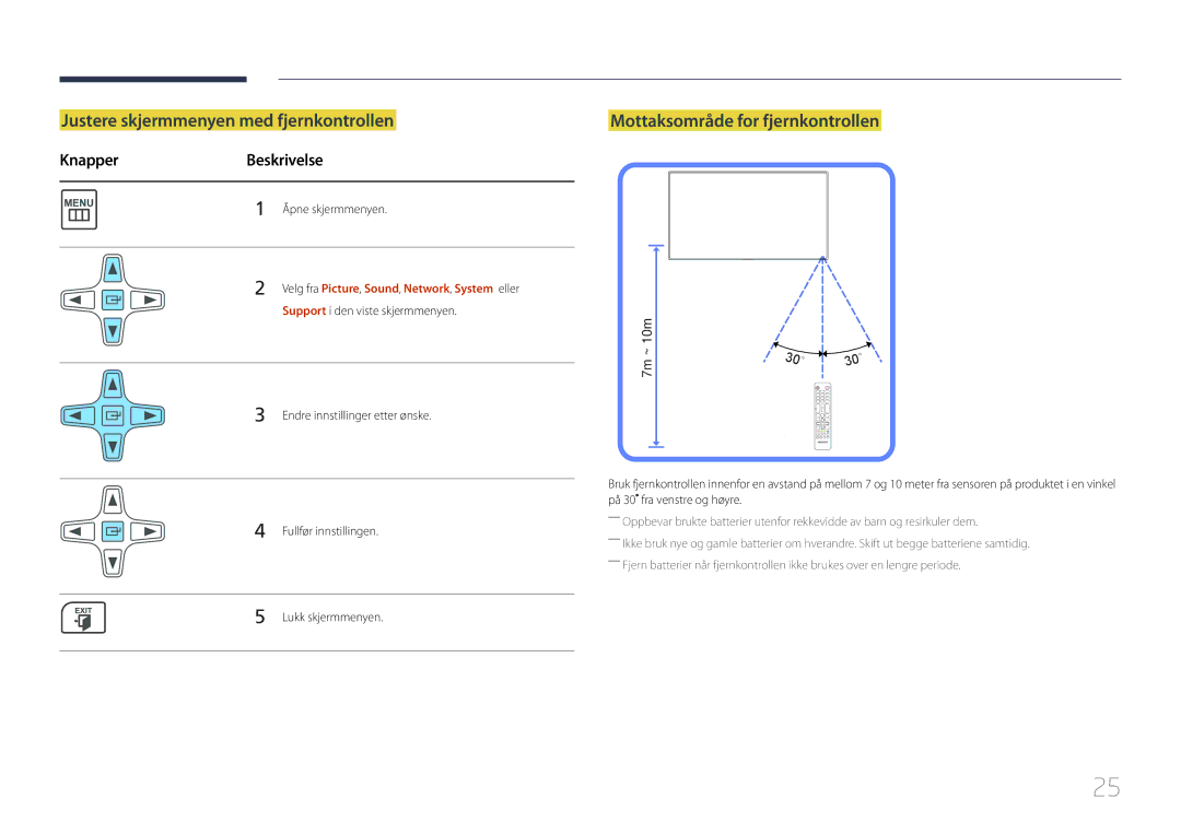 Samsung LH65MDCPLGC/EN manual Justere skjermmenyen med fjernkontrollen, Mottaksområde for fjernkontrollen 