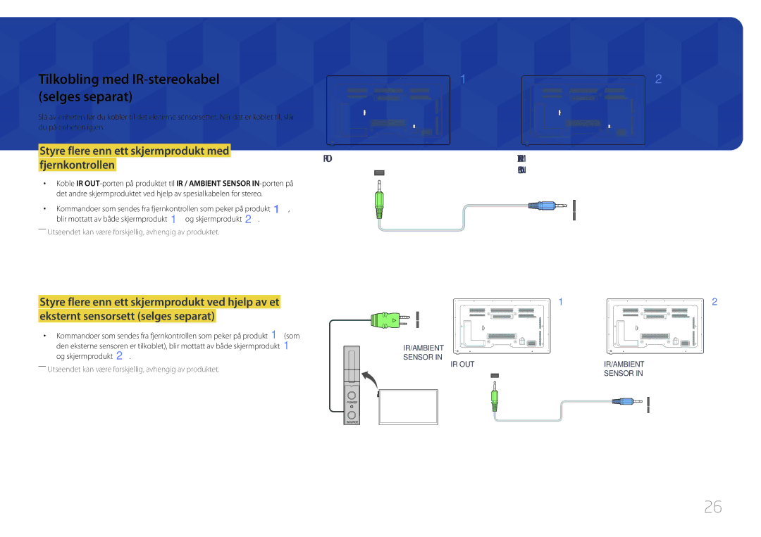 Samsung LH65MDCPLGC/EN Tilkobling med IR-stereokabel Selges separat, Styre flere enn ett skjermprodukt med fjernkontrollen 