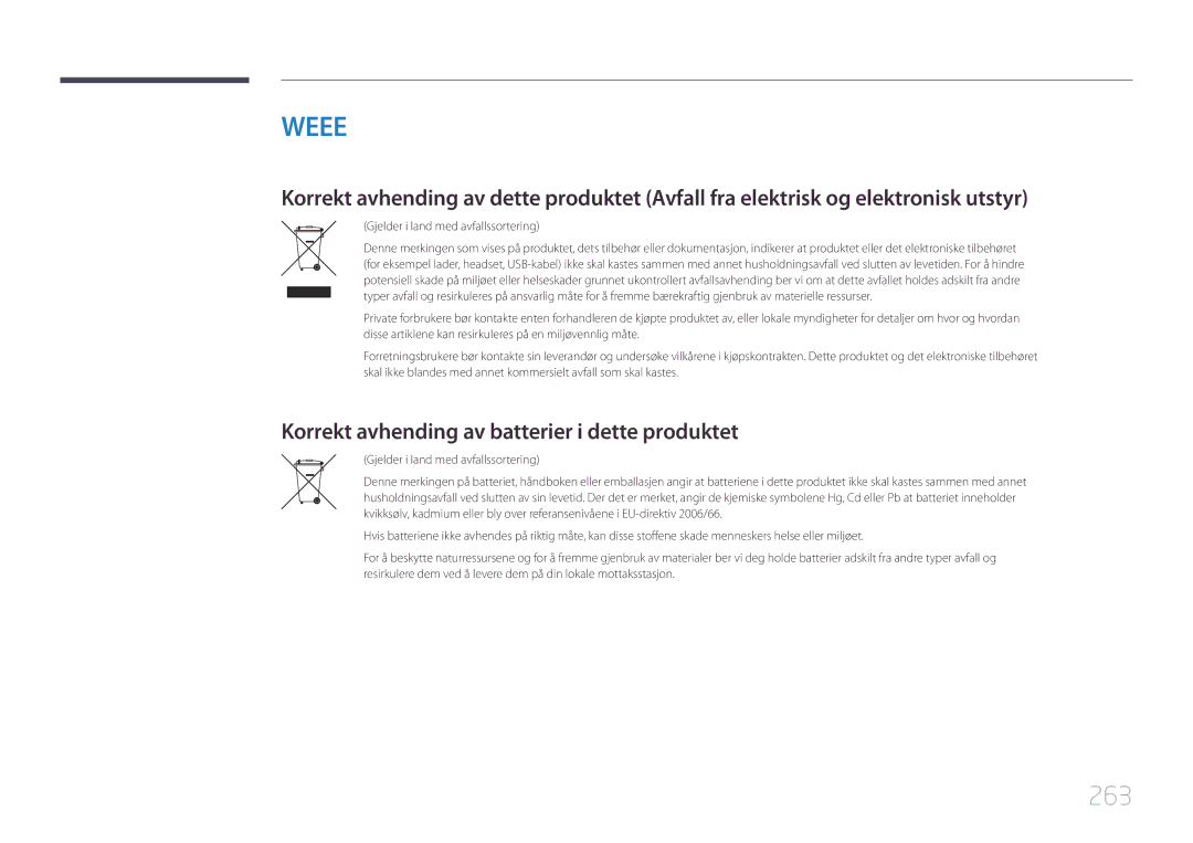 Samsung LH65MDCPLGC/EN manual 263, Korrekt avhending av batterier i dette produktet, Gjelder i land med avfallssortering 