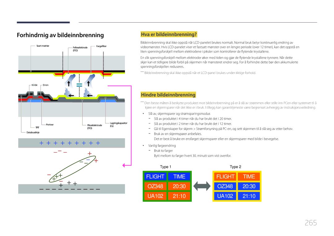 Samsung LH65MDCPLGC/EN manual 265, Forhindrnig av bildeinnbrenning, Hva er bildeinnbrenning?, Hindre bildeinnbrenning 