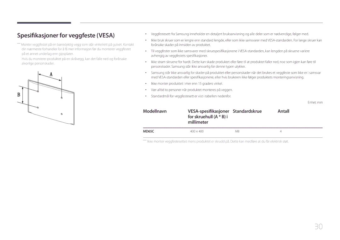 Samsung LH65MDCPLGC/EN manual Spesifikasjoner for veggfeste Vesa, Standardskrue Antall, Millimeter 