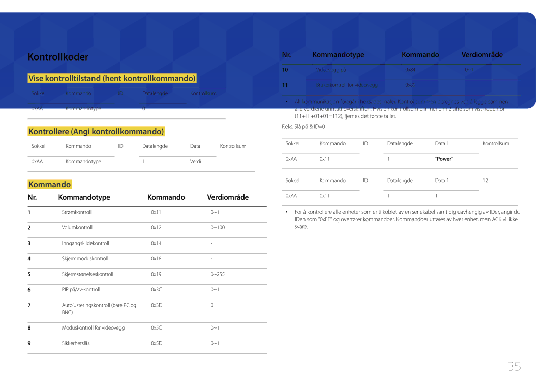 Samsung LH65MDCPLGC/EN manual Kontrollkoder, Vise kontrolltilstand hent kontrollkommando, Kontrollere Angi kontrollkommando 