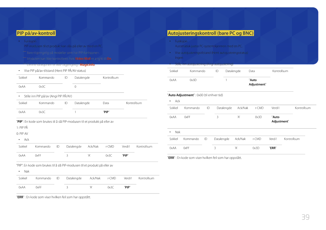 Samsung LH65MDCPLGC/EN PIP på/av-kontroll, Autojusteringskontroll bare PC og BNC, Stille inn PIP på/av Angi PIP PÅ/AV 